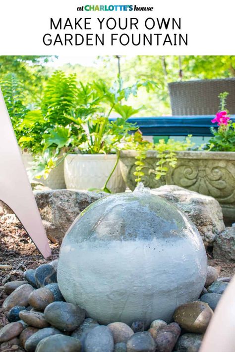 This DIY concrete garden fountain is such a fun addition to our outdoor space. It's a working fountain and the chic orb shape fits in with any decor. This cost a fraction of what a concrete fountain would cost at the store and wasn't nearly as hard to make as I was expecting. #concrete #quikrete #gardenfountain #concreteproject #diyfountain Sphere Water Feature, Backyard Crafts, Concrete Creations, Concrete Fountains, Diy Water Feature, Rock Fountain, Diy Water Fountain, Cement Garden, Garden Water Feature