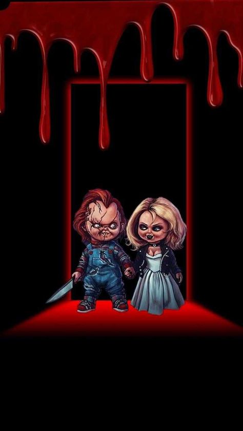 Chucky Wallpaper Discover more Charles Lee "Chucky, Child's Play, Fear, Fictional Character, Franchise wallpapers. https://www.wptunnel.com/chucky-wallpaper-5/ Chucky And His Bride, Chucky Wallpaper, Tiffany Bride Of Chucky, Chucky Horror Movie, Bride Of Chucky, Scary Wallpaper, Horror Movie Icons, Horror Artwork, Horror Movie Art