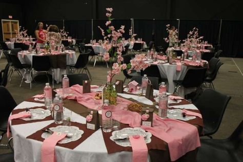 womens tea party, some of this I like and some.... | CatchMyParty.com Brown Centerpieces, Brown Bridesmaids, Church Tea Party, Bridesmaids Pink, Tea Party Table Settings, Banquet Table Decorations, Tea Party Centerpieces, Christmas Banquet, Pink Wedding Receptions