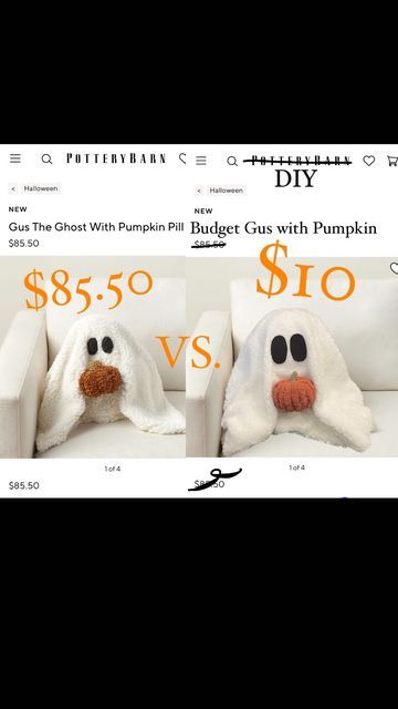 Emma Villaneda on Instagram: "Pottery Barn left me no choice, I needed a budget version of Gus the Ghost 👉🏻AND he had to have a pumpkin 🎃 I was skeptical during this entire process but hey he’s pretty cute! Esp for the price difference. This cost me $10 in fabric, everything else I already had on hand! What do you think, would you buy Budget Gus for $10?! 👻 follow for more diy’s! • • • • #diy #doupe #potterybarn #ghost #pillow #handmade #falldecor #fall #falldiy #craft #crafting #transfo How To Make Gus The Ghost Pillow, Diy Pottery Barn Halloween Decor, Pottery Barn Ghost Diy, Gus The Ghost Pillow Diy, Pottery Barn Ghost Pillow Diy, Diy Ghost Pillow, Ghost Pillow Diy, Halloween Apartment, Diy Ghost Decoration