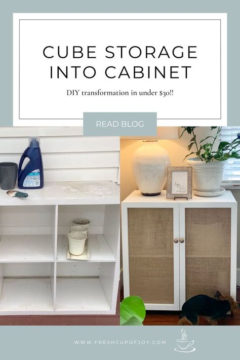 This DIY Cube Storage Makeover was my favorite project to date, and not just because it cost me under $30 to completely transform this old cube storage unit into a coastal themed cabinet! Storage units are incredibly practical and versatile pieces of furniture that can be used to store everything, and many of us buy Cube Organizer Upgrade, Adding Doors To Cube Storage, Storage Cube Makeover, Diy Cube Storage Makeover, Cube Makeover, Cube Shelves Diy, Cube Storage Makeover, Ikea Storage Cubes, Diy Cube Storage