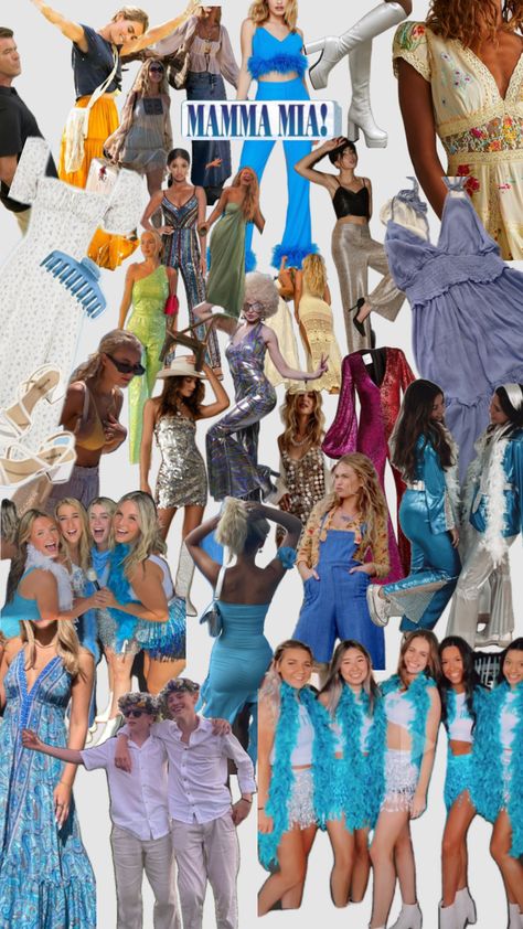 Abba Voyage Outfit Ideas, Abba Costume Mamma Mia, Mamma Mia The Party Outfits, Abba Outfit Inspiration, Abba Mamma Mia, Mama Mia Costume Ideas, Mamma Mia Party Outfit Ideas, Blue And White Party Outfit, Mamma Mia Disco