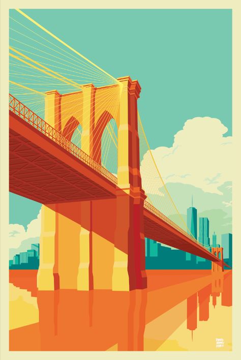 Brooklyn Bridge, NYC by Reemko Heemskerk, 2015, (Behance) Isometric Perspective, Bridge Illustration, Nyc Art Print, New York Illustration, New York Landmarks, Vector Landscape, Bridge Art, Nyc Art, Minimalist Artwork