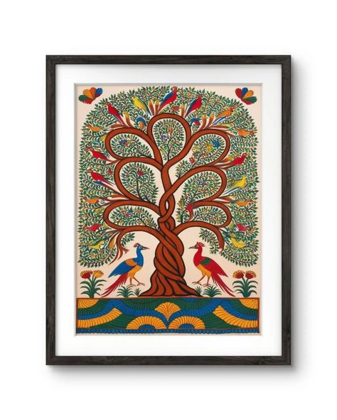 Madhubani Style Tree of Life Digital Painting in Black Frame, Trendy Office, Home Decor, Tree Painting (11.5x14.5 Inch Frame with Art Print) #paintingwithframe #painting #homedecor #walldecor #india #amazon #amazonhomeindia #amazonindia Tree Of Life Painting Madhubani, Kalpavruksh Tree Madhubani Painting, Madhubani Godna Painting, Godna Style Madhubani Painting, Bharni Style Madhubani Painting, Tree Of Life Painting, Trendy Office, Madhubani Painting, Tree Painting