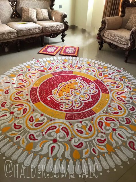 Mandala Design For Floor, Alpona Design Bengali Wedding, Big Alpona Design Bengali, Bengali Rangoli Design, Alpona Design Colourful, Madhubani Rangoli, Mandala Rangoli Designs, Alpona Painting, Alpona Design Bengali