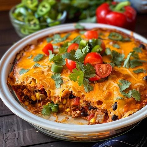 Enchilada Pie Recipe Enchilada Pie Recipe, Enchilada Pie, Chocolate Rice Krispies, Fried Apple Pies, Avocado Salad Dressing, Fried Tortillas, Cheese Steak Sandwich, Peanut Butter Chocolate Bars, Baked Shrimp