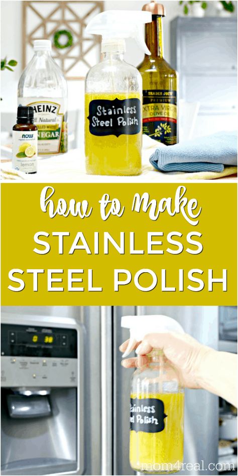 Cleaning stainless steel appliances is easier than you think, and this Homemade Stainless Steel Polish cuts through grease, fingerprints, and smudges while leaving your stainless steel clean and shiny too. The best thing...I'm going to show you how to make your own stainless steel polish and cleaner with only 3 ingredients! Homemade Stainless Steel Cleaner Appliances, Cleaner For Stainless Steel Appliances, How To Polish Stainless Steel, How To Keep Fingerprints Off Stainless Steel Appliances, Diy Stainless Steel Polish, Diy Stainless Steel Cleaner Appliances, Best Way To Clean Stainless Appliances, How To Clean Stainless Steel, How To Clean Stainless Steel Appliances