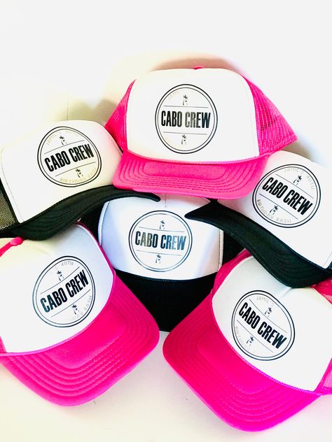 How cute will you and your group look in these custom Cabo Crew Hats So fun! We can create these hats for any vacation. These are personalized with your own saying! Perfect for a 30th birthday, 40th birthday, wedding party, or any group vacation to unify you as a group and come home with cute pictures and fun memories! *this is an adult size trucker hat I welcome custom requests ~ please convo me to work out your own design! :: Hat Details :: - 100% Polyester Front - 100% Nylon Mesh Back - 5-pan 40th Birthday Trip Favors, Custom Hat Design Ideas, 40th Birthday Mexico Trip Gifts, 40th Birthday In Mexico, Cabo 40th Birthday, 40th Birthday Hat, 40th Birthday In Cabo, 40th Birthday Hats For Group, 40th Birthday Mexico Trip