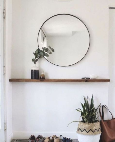 Mirror In Entryway, Entryway Decorating, Timber Shelves, Entryway Mirror, Hallway Ideas Entrance Interior Design, Small Entryway, Home Entrance Decor, Entrance Decor, Hallway Ideas