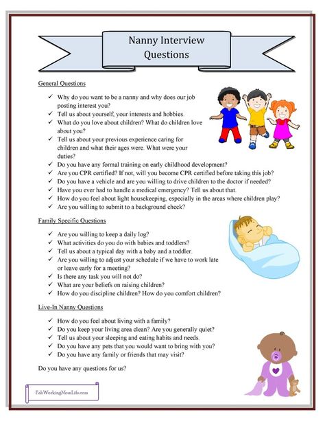 Nanny Interview Questions Nanny Interview Questions, Nanny Binder, Babysitting Kit, Nanny Job, Daycare Art, Nanny Ideas, Interview Questions To Ask, Nanny Life, Babysitting Activities