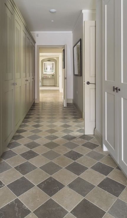 Hall Tiles, Limestone Floor, Checkerboard Floor, Hallway Flooring, Limestone Flooring, Flooring Tiles, Blue Cabinets, World Of Interiors, Kitchen Floor