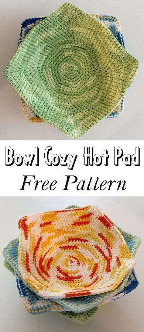 Bowl Cozy to Crochet Crochet Bowl, Crochet Hot Pads, Pattern Bowl, Loom Knit, Bowl Cozy, Crochet Kitchen, Crochet Dishcloths, Fun Crochet Projects, Hot Pad