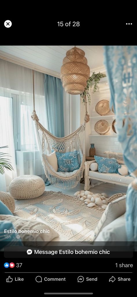 Bedroom Ideas Sea Theme, Summer Rooms Ideas, Bedroom In Living Room Ideas Inspiration, Aquamarine Room Aesthetic, Sea Room Ideas Bedrooms, Blue Ocean Room Aesthetic, Boho Ocean Bedroom, Coastal Bedroom Accent Wall Ideas, Aesthetic Beach Room Ideas