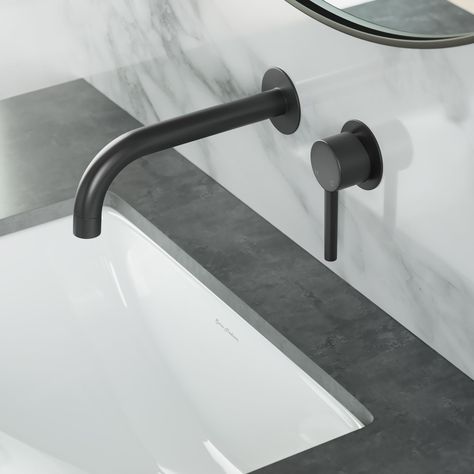 The Ivy Wall-Mount Faucet was designed to conserve space and give a contemporary twist to any bathroom. This minimalist, single-handle faucet was engineered with brass to help resist against corrosion and rust. FEATURES: High quality modern luxury design Brass built – made to last Faucet flow rate of 1.2 GPM Two-handle – easy to use Three-hole, easy installation DOCUMENTATION: Installation Manual Spec Sheet Wall Faucet Bathroom, Bathroom 2022, Matte Black Bathroom Faucet, Black Bathroom Faucet, Matte Black Faucet, Ivy Wall, Wall Faucet, Matte Black Bathroom, Contemporary Bathroom Sinks