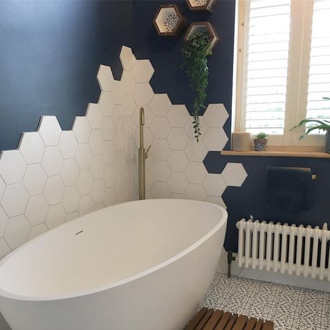 Wood And White Tile Bathroom, Hexagon Tile Bathroom, White Hexagon Tiles, Blue Bathroom Tile, New House Bathroom, Bathroom Tile Designs, Tiles Design, Blue Bathroom, Hexagon Tiles