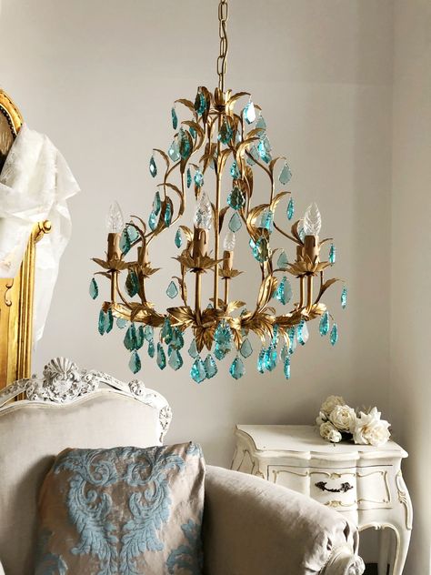 Made in Italy aqua crystal drops chandelier, gold leaf birdcage crystal chandelier, 6 lights by MilanChicChandeliers on Etsy Birdcage Chandelier, Chandelier Gold, Cage Chandelier, Gold Chandelier, Crystal Drop, Live Light, Ceiling Light Fixtures, Bird Cage, Crystal Chandelier