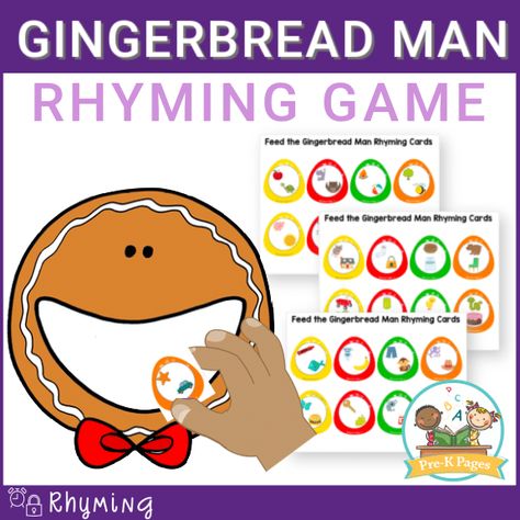 Feed the Gingerbread Man Rhyming Game Gingerbread Rhyming Activity, Rhyming Games, Gingerbread Activities, Pre K Pages, Rhyming Activities, Community Signs, The Gingerbread Man, Rhyming Words, Gingerbread Man