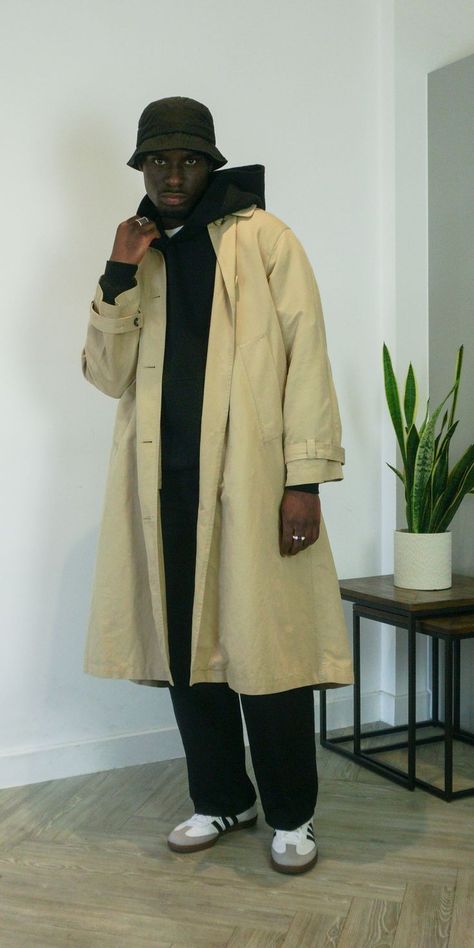 Adidas Samba styling and general styling  inspiration Trench Coat With Hoodie Outfit, Trenchcoat Outfit Men, Hoodie Trench Coat Outfit Men, Trench Coat Outfit Men Aesthetic, Winter Bucket Hat Outfit, Samba Styling, Black Man Trench Coat Outfit, Trench Coat Outfit Men, Mens Trench Coat Outfit