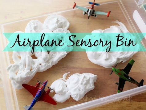 School Time Snippets: Airplane Sensory Bin. Pinned by SOS Inc. Resources. Follow all our boards at pinterest.com/sostherapy/ for therapy resources. Birthday Games For Toddlers, Sensory Bin For Toddlers, Toddler Sensory Bins, Toy Airplanes, Airplane Activities, Happy Home Fairy, Transportation Activities, Transportation Crafts, Transportation Preschool