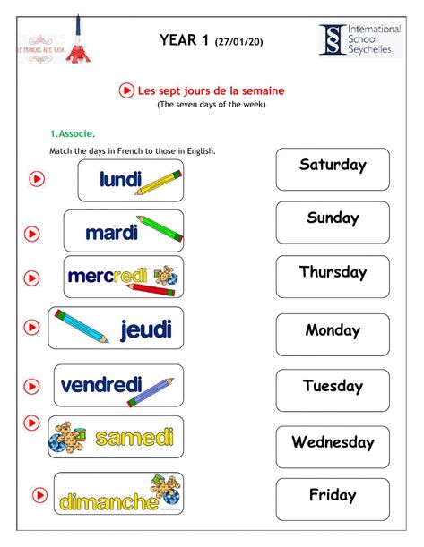 Days Of The Week French Worksheets, French Days Of The Week Worksheet, French Exercise, French Days Of The Week, Days Of The Week Activities, Basic French, Basic French Words, French Worksheets, French Kids