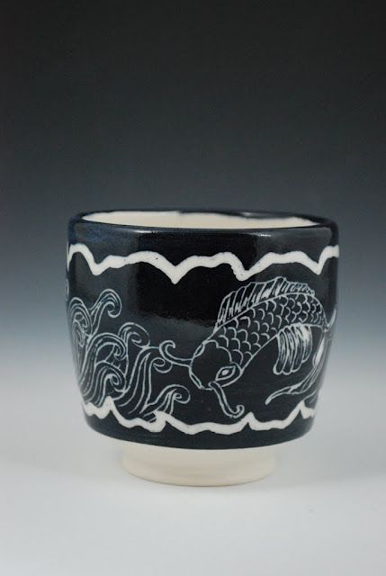 Porcelain Koi Fish Teabowl by Rebecca A. Grant. www.rgrantartworks.com Koi Ceramic, Sgraffito Designs, Sgraffito Technique, Ceramic Artwork, Pottery Cups, Sgraffito, Koi Fish, Clay Projects, Cups And Mugs