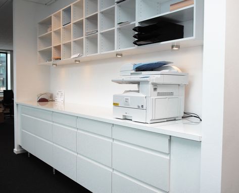 Art Millwork Copy Center Office Design, Office Printer Station Design, Office Copy Room Design, Office Printer Station, Printer Station, Printer Storage, Printer Shelf, Mail Room, Cabinet Medical