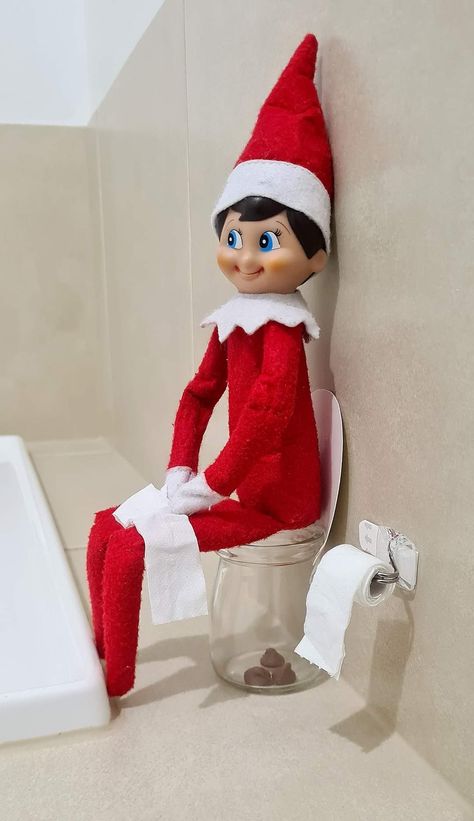 Elf Toilet Ideas, Elf On The Shelf In Bathroom, Elf In Bathroom Ideas, Elf Pranks Funny, Elf On The Shelf Bathroom Mirror, Elf On The Shelf Potty Training, Awesome Elf On The Shelf Ideas Funny, Elf Bathroom Ideas, Elf On The Shelf Ideas Bathroom