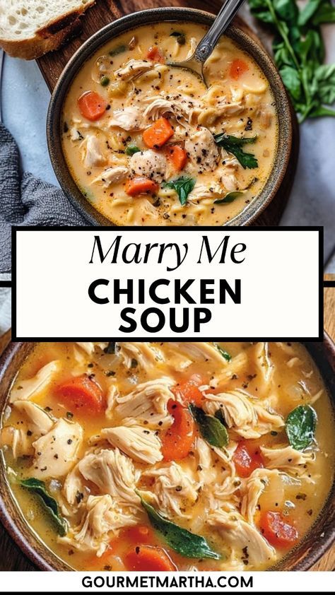 This Marry Me Chicken Soup is rich, creamy, and loaded with tender chicken, savory herbs, and a touch of parmesan. It’s so delicious, they’ll want to marry you after one bite! Perfect for cozy nights or when you need an easy, comforting meal. Save this recipe for an easy dinner. #marrymechicken #chickensoup #comfortfood #easydinnerideas #heartymeals #souprecipes #familydinner #weeknightdinners #creamychickensoup #onepotmeals #homemadesoup #quickdinnerrecipes One Pot Chicken Soup, Marry Me Chicken Soup Recipe, Marry Me Recipes, Marry Me Chicken Soup, Winter Family Meals, Crockpot Chicken Soup Recipes, Best Chicken Soup Recipe, Creamy Chicken And Wild Rice, Gluten Free Dairy Free Dinner