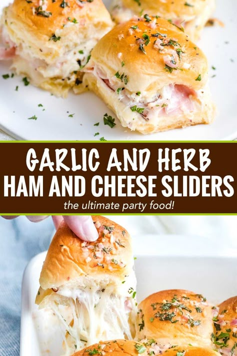 Garlic and Herb Ham and Cheese Sliders - The Chunky Chef Garlic Sliders, Herb Salads, Sliders Sandwiches, Shallot Butter, Ham And Cheese Sliders, The Chunky Chef, Chunky Chef, Slider Sandwiches, Cheese Sliders