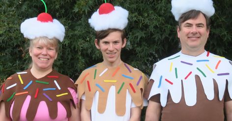 No-Sew Ice Cream Sundae Costume for Three Ice Cream Costume Kids, Ice Cream Sundae Costume, Sundae Costume, Three Person Costumes, Ice Cream Costume, Donut Costume, Cookie Costume, Marshmallow Crafts, Pregnant Halloween Costumes