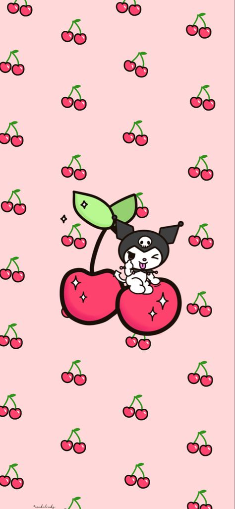 Sanriocore Wallpaper, Kuromi Iphone Wallpaper, Background Kuromi, Sanrio Iphone Wallpaper, Iphone Wallpaper Cherry, Kuromi Sitting, Cherry Hello Kitty, Kuromi Cherry, Cherry Iphone Wallpaper