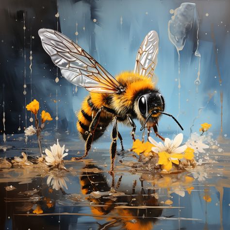 Top Midjourney Showcase managed by ThetaCursed, License: CC BY-NC 4.0 Honey Bee Painting Acrylic, Honey Bee Painting, Honey Bee Art, Puddle Of Water, Honeybee Art, Bumble Bee Art, Bee Painting, Abstract Floral Paintings, Realism Painting