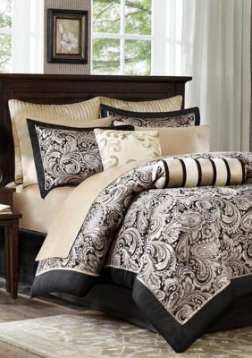 Madison Park Women Aubrey 12-Piece Complete Bed Set- Black - Black - Full Gold Bedding, King Quilt Bedding, Paisley Comforter, Paisley Bedding, Full Comforter Sets, Blue Comforter Sets, Cal King Bedding, Black King, King Comforter Sets