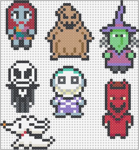 Nightmare Before Christmas Characters - Kandi Pad | Kandi Patterns, Fuse Bead Patterns, Pony Bead Patterns C2c Nightmare Before Christmas, Jack And Sally Perler Bead Pattern, Sally Perler Bead Patterns, Gremlins Perler Beads, Fuse Beads Disney, Pony Bead Patterns Halloween, Perler Bead Nightmare Before Christmas, Pixel Art Nightmare Before Christmas, Pony Bead Characters