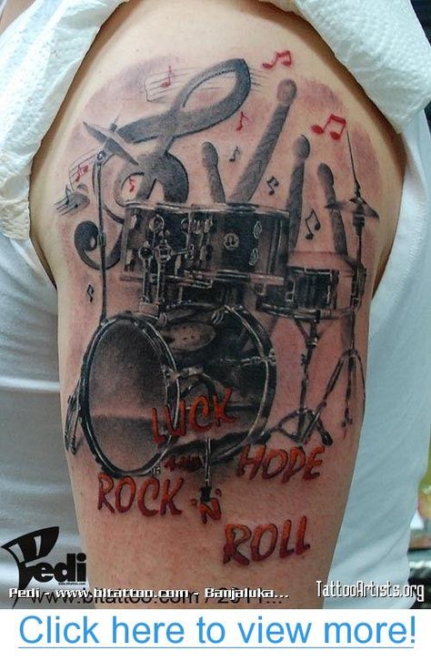 Tattoos Drum. I love this idea! Drum Tattoo Ideas Drummers, Instrument Tattoo, Drum Tattoos, Drummer Tattoo, Musician Tattoo, Notes Tattoo, Drum Tattoo, Drums Music, Stick Tattoo