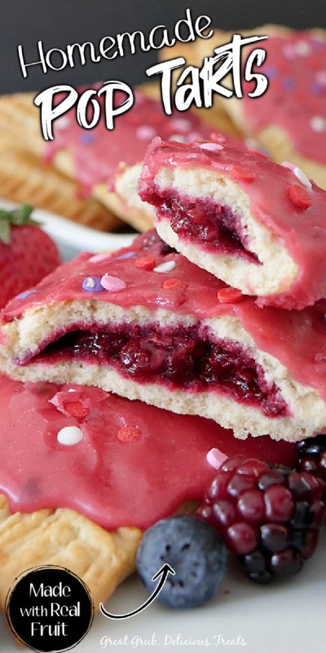 Closeup shot of delicious homemade poptarts broken in half. Blackberry Icing, Fruit Frosting, Blackberry Filling, Jumbo Cookies, Flakey Pie Crust, Homemade Pop Tarts, Poptart Recipe, Homemade Pastry, Breakfast Sweets