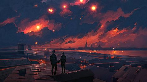 #roof #roofs #afterglow #couple #evening #romantic fantasy art loving couple #sunset #city #night #1080P #wallpaper #hdwallpaper #desktop Magic Night, Deco House, Image Couple, Night Art, 판타지 아트, Love Wallpaper, Scenery Wallpaper, Anime Scenery, Animation Art