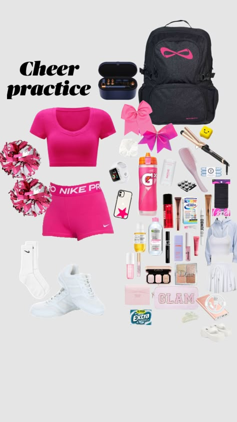 #cheer #cheerleader #cheers #cheerleading #cheerfit #cheercomp Barbie Theme Cheer Practice, Cheer Practice Clothes, Cute Cheer Stuff, Cheer Bag Necessities, What To Put In Cheer Bag, Cute Cheerleader Outfits For Practice, Preppy Cheer Practice Outfits, Cheer Fits Practice, Cheer Workout Outfits