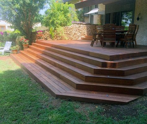 Top 50 Best Deck Steps Ideas - Backyard Design Inspiration Waterfall Deck Stairs, Deck With Wide Steps, Wide Deck Steps, Wide Deck Stairs, Deck Steps Ideas, Outdoor Layout, Pretty Profile, Deck Step, Yard Oasis