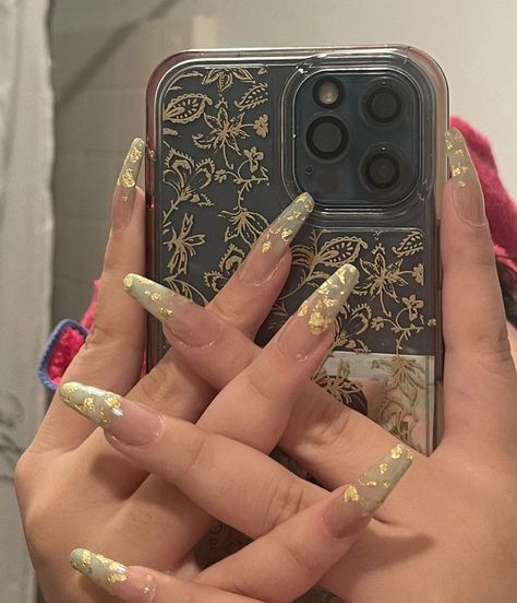 Green And Clear Nail Designs, Gold And Clear Acrylic Nails, Nails To Match With Green Dress, Sage Green Nails With Gold Flakes, Gold Nails With Green Accent, Nails Sage Green And Gold, Gold Specks Nails, Sage Green With Gold Nails, Golden Green Nails