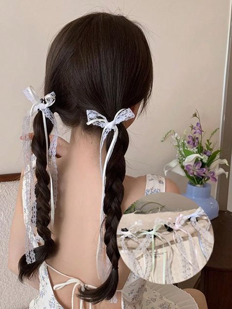 1pc Spring/Summer Chic Lace Bow Ribbon Hair Clip For Women, Sweet Girls Double Ponytail Claw HairpinI discovered amazing products on SHEIN.com, come check them out! Korean Hairstyle Ideas, Ribbon Hair Clip, Two Ponytails, Double Ponytail, Tutorial Ideas, Hair Tips Video, Ribbon Hairstyle, Easy Hairstyle, Hair Ribbons