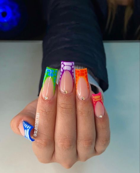 Multi Color Nails, Line Nails, Cowboy Nails, Multicolored Nails, Simple Gel Nails, Colored Acrylic Nails, Her Nails, Simple Acrylic Nails, Glow Nails