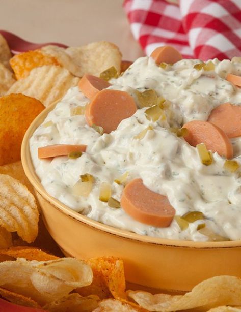 Hot Dog Dip Recipe | Hidden Valley® Ranch Ranch Beer Cheese Dip, Mustard Relish, Beer Cheese Dip Recipe, Chicago Hot Dog, Cheese Dip Recipe, Cheesy Ranch, Beer Cheese Dip, Hidden Valley Ranch, Easy Dips