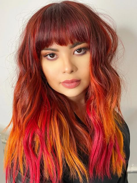 Red And Pink Hair, Pink And Orange Hair, Multicolor Hair, Magenta And Yellow, Yellow Hair Color, Split Dyed Hair, Vivid Hair Color, Color Magenta, Hair Color For Women