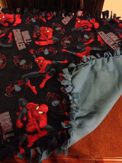 Spider-man tie blanket Spider-man Blanket, Matching Tie Blankets, Matching Blankets For Couples, Couples Blanket Diy, Couple Tie Blankets, Couple Blanket Diy, Making Blankets With Friends, Tie Blankets Fleece Ideas, Spider Man Things