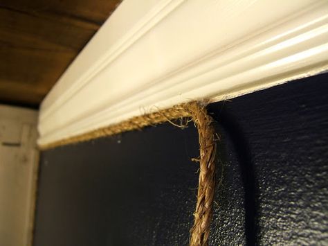 Trim your walls in attractive rope for a subtle yet interesting detail.  (Nine Red.com) Rope Trim Molding, Vintage Nautical Decor Bedroom, Trimmed Accent Wall, Entryway Command Center, Rope Lighting Ideas, Lighting Ideas Bedroom, Red Entryway, Lake Bathroom, Rope Lighting