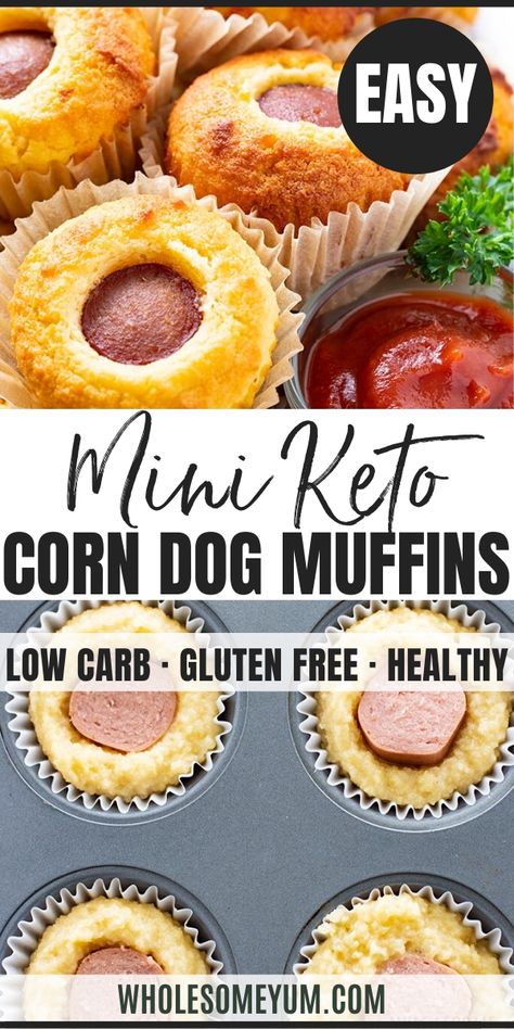 Keto Corn Dog Recipe (Mini Muffins) - Mini corn dog muffins are the best way to make a keto corn dog - just 8 ingredients, 20 minutes, and 1.1g net carbs each! Low carb corn dogs make a fun snack, meal, or appetizer. #wholesomeyum #keto #lowcarb #muffins #breakfast Mini Corn Dog Muffins, Corn Dog Recipe, Dog Muffins, Low Sugar Diet Recipes, Corn Dog Muffins, Corndog Recipe, Muffins Breakfast, Low Carb Low Fat Recipes, Corn Dog