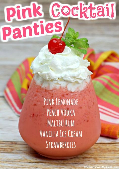 What is better than a milkshake? A milkshake turned into a cocktail. This Pink Panties Cocktail is a is a fruity combination of pink lemonade, peaches, strawberries, and coconut. The fruit concoction is a mixture of peach vodka and coconut rum with delicious vanilla ice cream. Fruity Mixed Drinks, Frozen Drinks Alcohol, Peach Vodka, Crafty Morning, Flavored Rum, Cocktail Drinks Alcoholic, Yummy Alcoholic Drinks, Liquor Drinks, Kitchen Fun