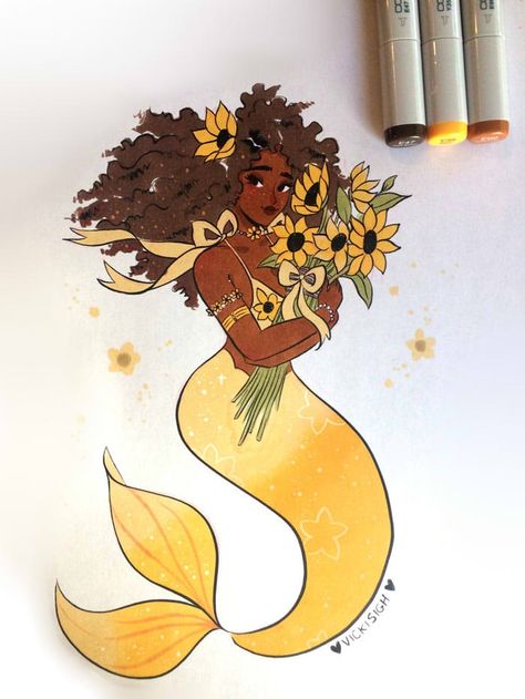 Sunflower Goddess, Drawing Mermaid, Mermaid Drawings, New Drawing, Posca Art, Black Mermaid, Mermaids And Mermen, Mermaid Art, Fantasy Illustration