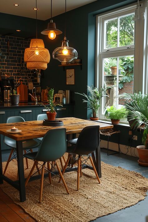 A contemporary haven of peace: the turquoise of the walls blends perfectly with the cork flooring and Scandinavian furniture. Scandinavian Dinner Room, Cosy Dining Room Ideas, Scandinavian Dinner, Cosy Dining Room, 70s House, Beaver Dam, Dinner Room, Gorgeous Interiors, Cork Flooring